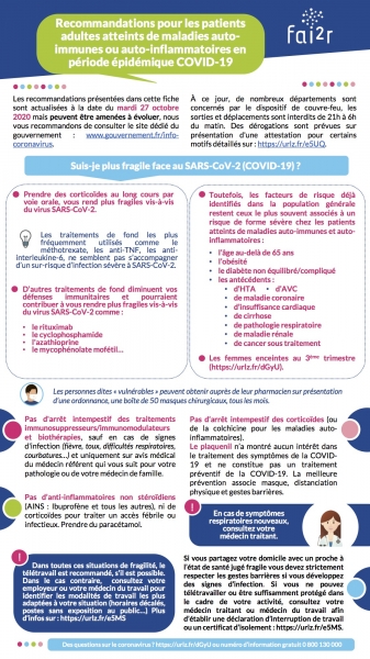 27 octobre Mise à jour Recommandations COVID-19 Patients adultes maladies auto-immunes auto-inflammatoire : Recommandations COVID-19 Patients adultes maladies auto-immunes auto-inflammatoires